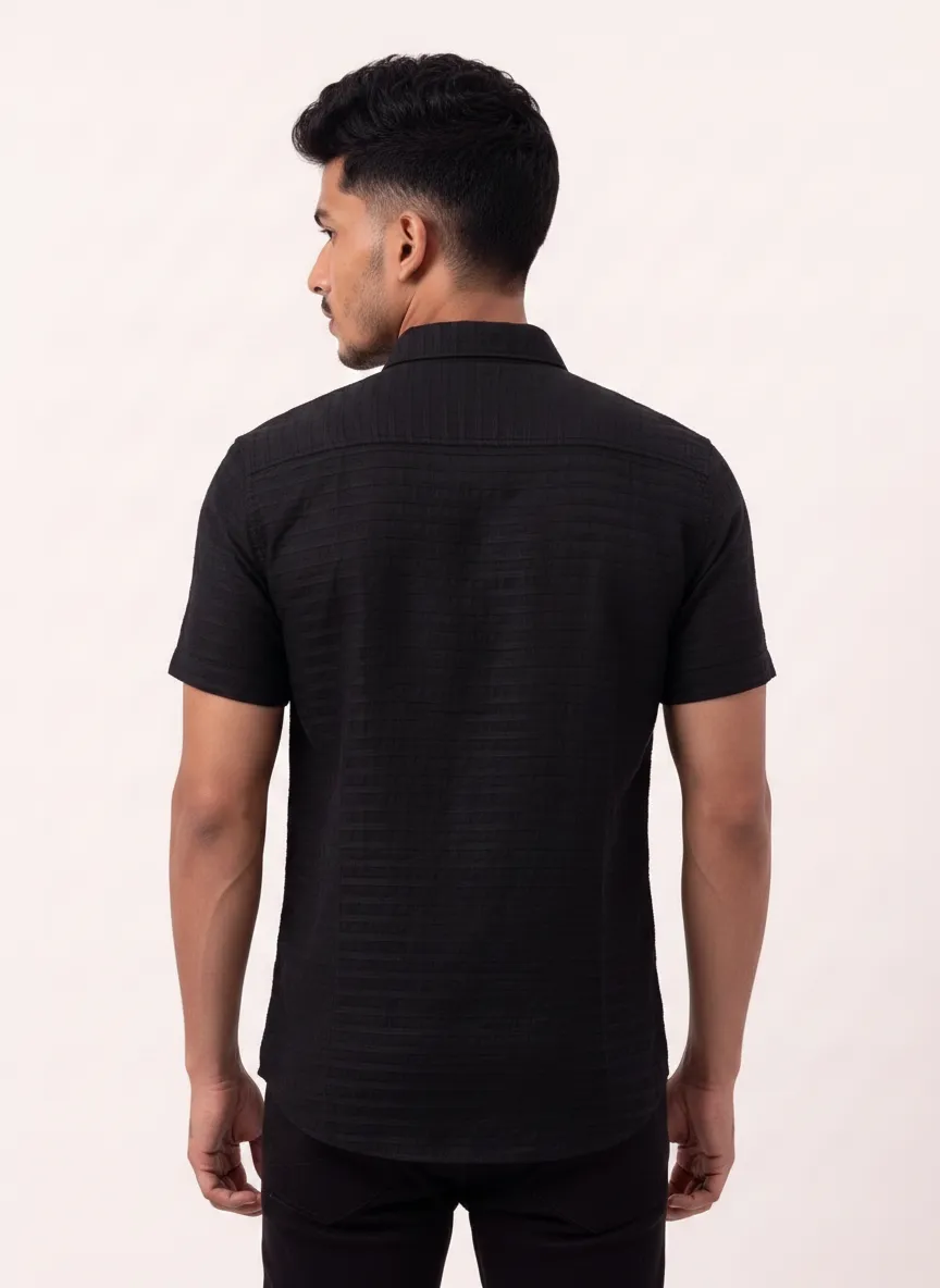 Slim Fit Cotton Stripes S/S Shirt - Black