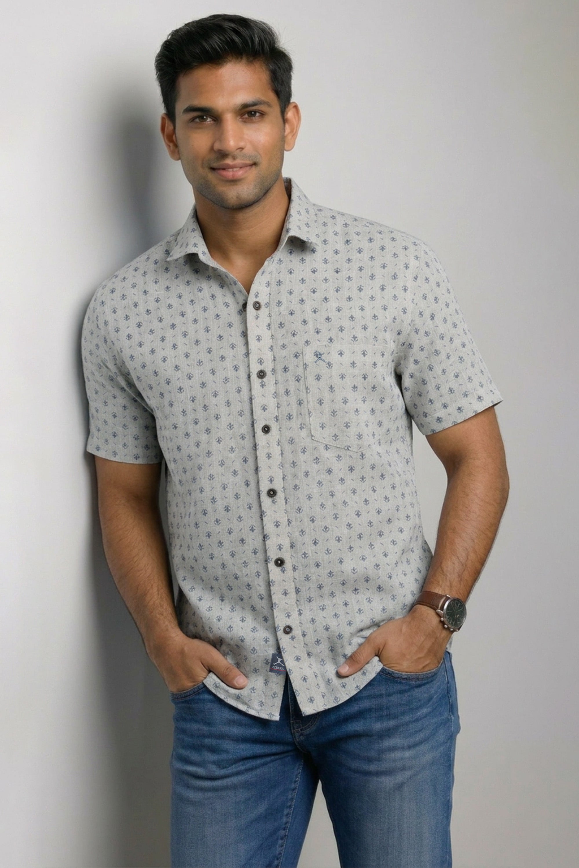 Slim Fit Cotton Linen Printed S/S Shirt