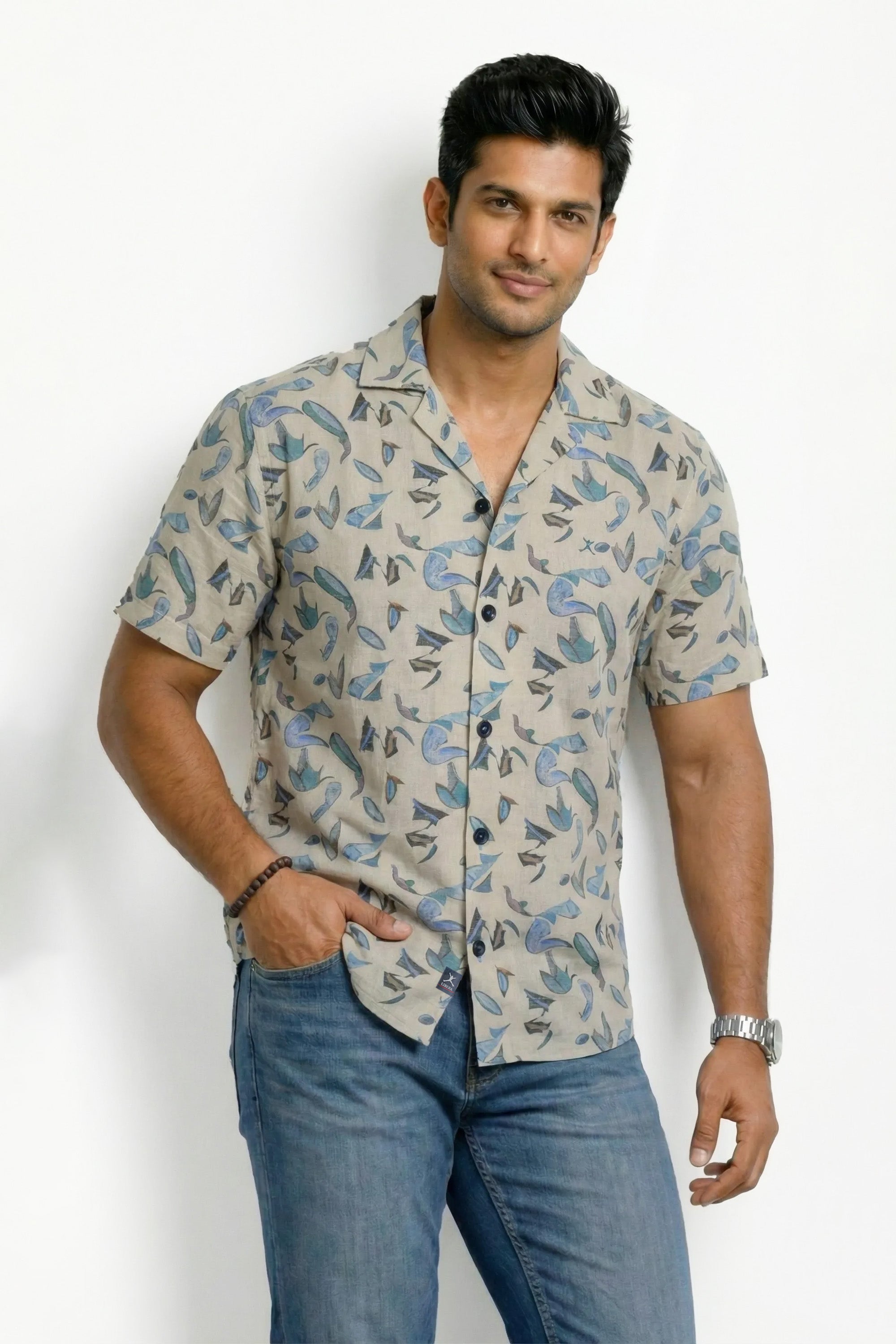 Slim Fit Cotton Linen Printed S/S Shirt