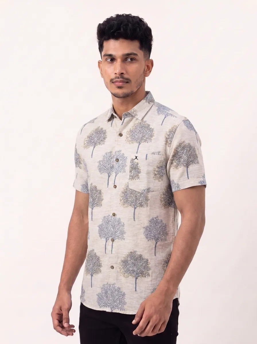 Slim Fit Cotton Printed S/S Shirt - Light Blue