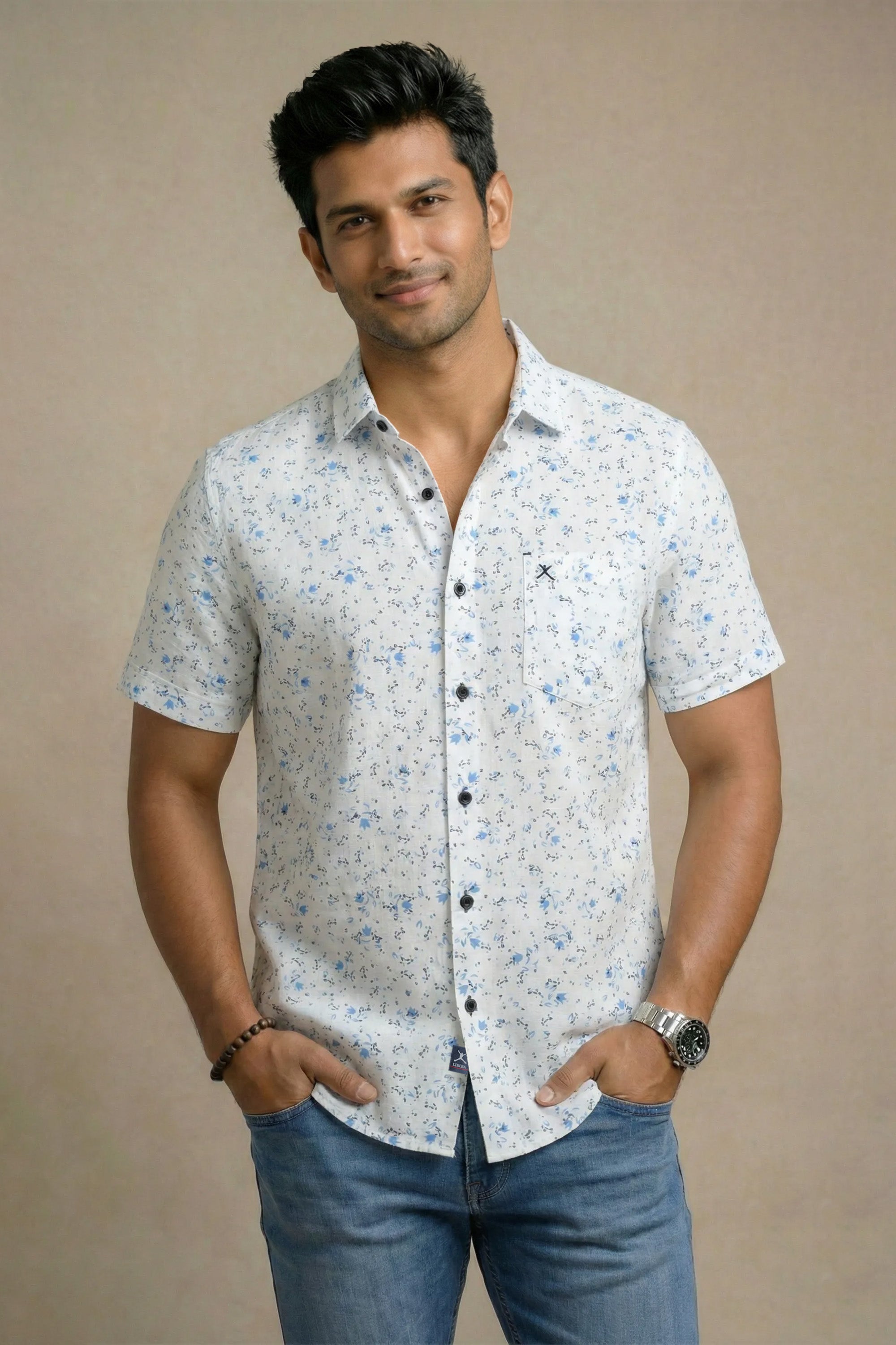 Slim Fit Cotton Linen Printed S/S Shirt