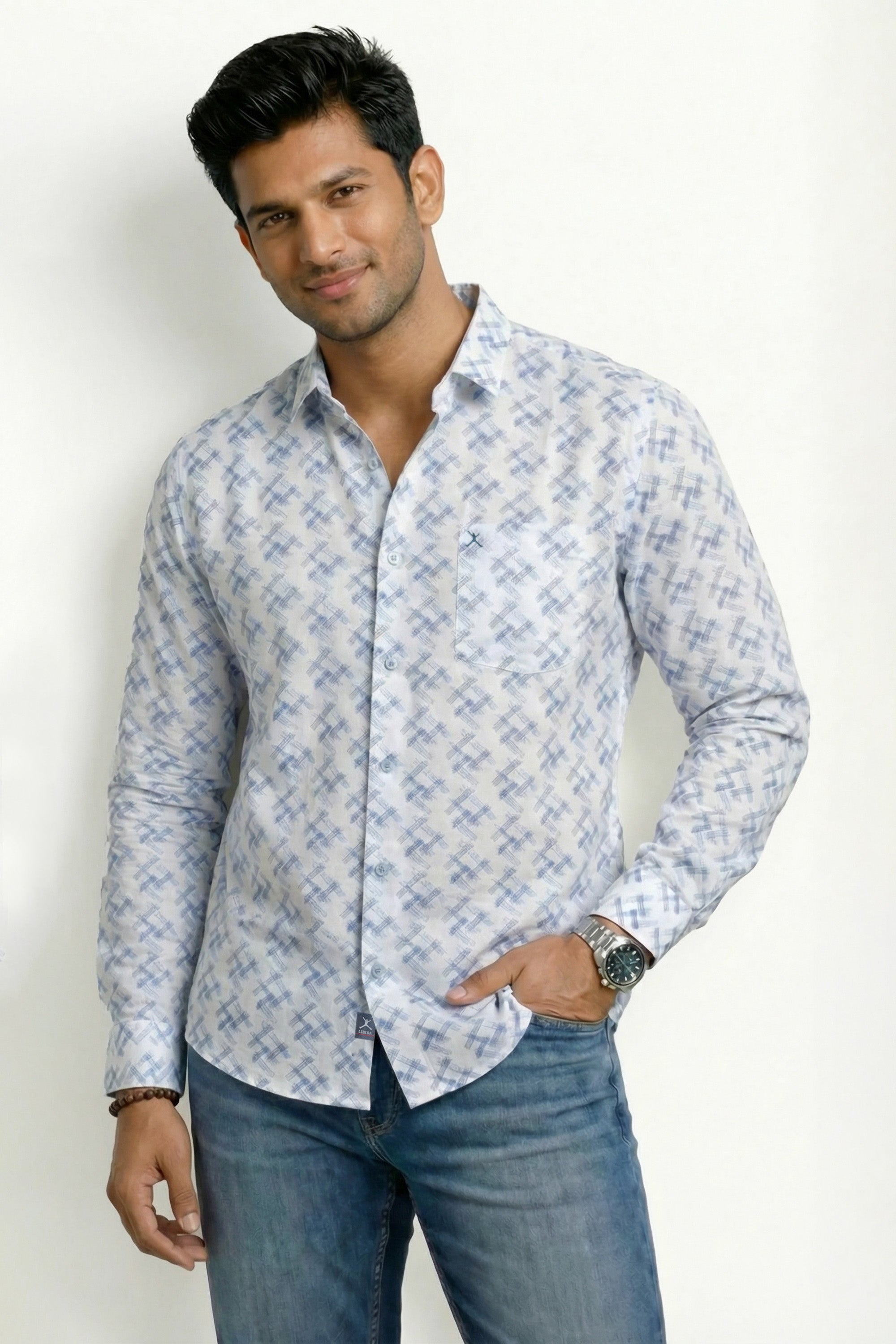 Slim Fit Cotton Linen Printed L/S Shirt