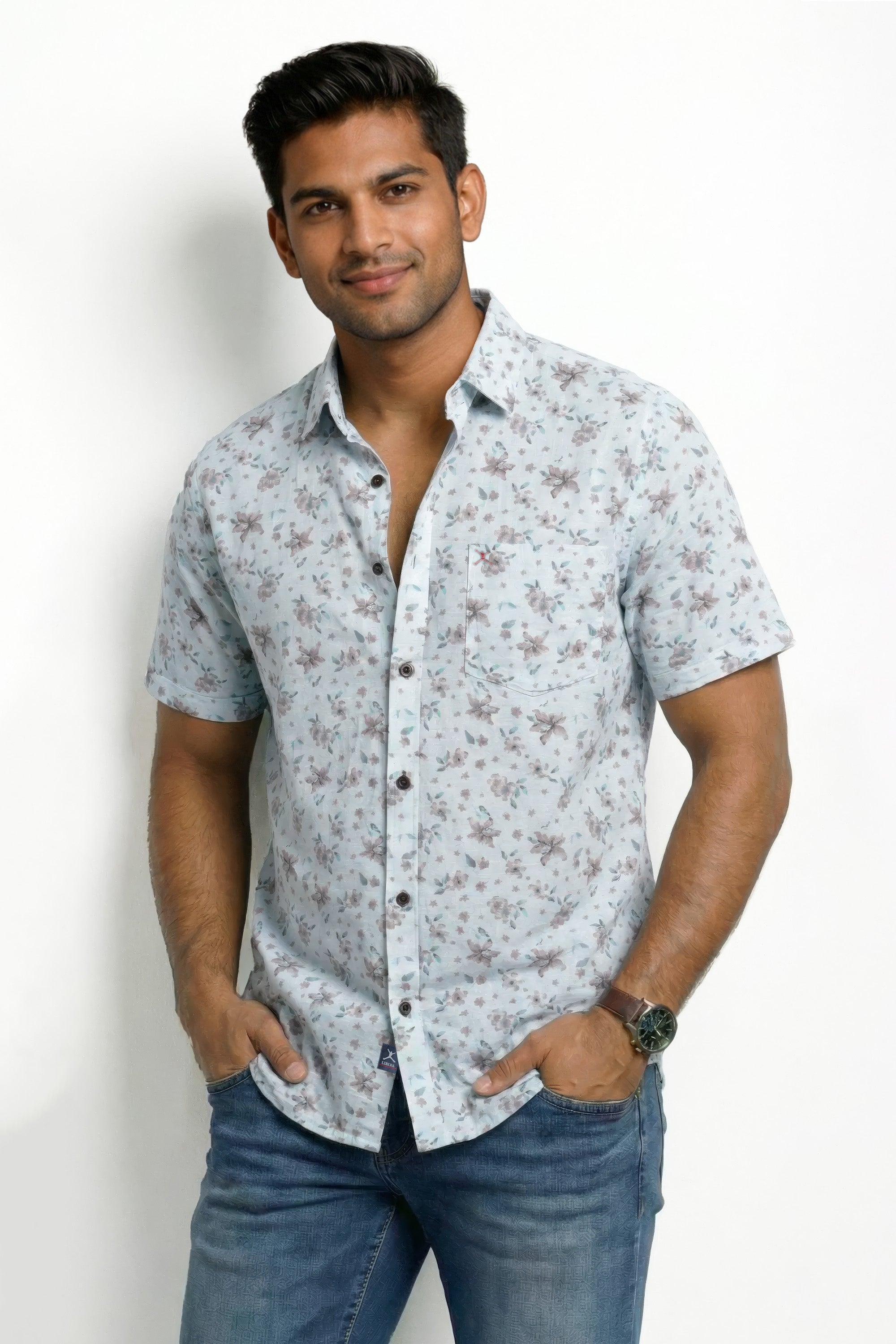 Slim Fit Cotton Linen Printed L/S Shirt