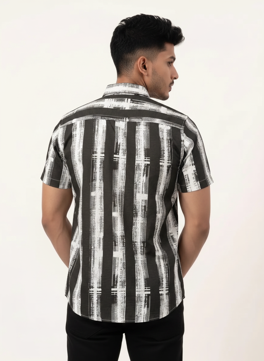 Slim Fit Cotton Linen Stripes Shirt S/S - Brown