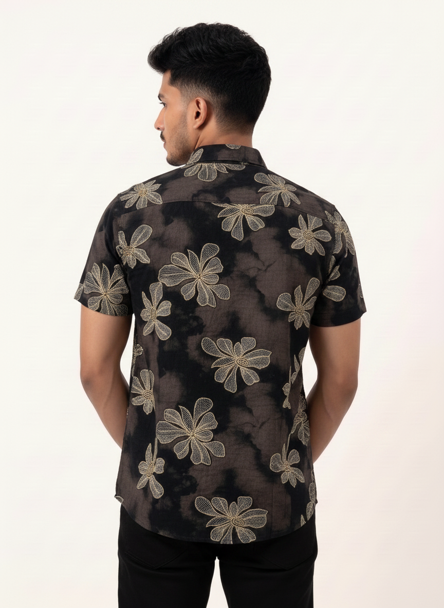 Slim Fit Cotton Printed S/S Shirt - Dark Brown