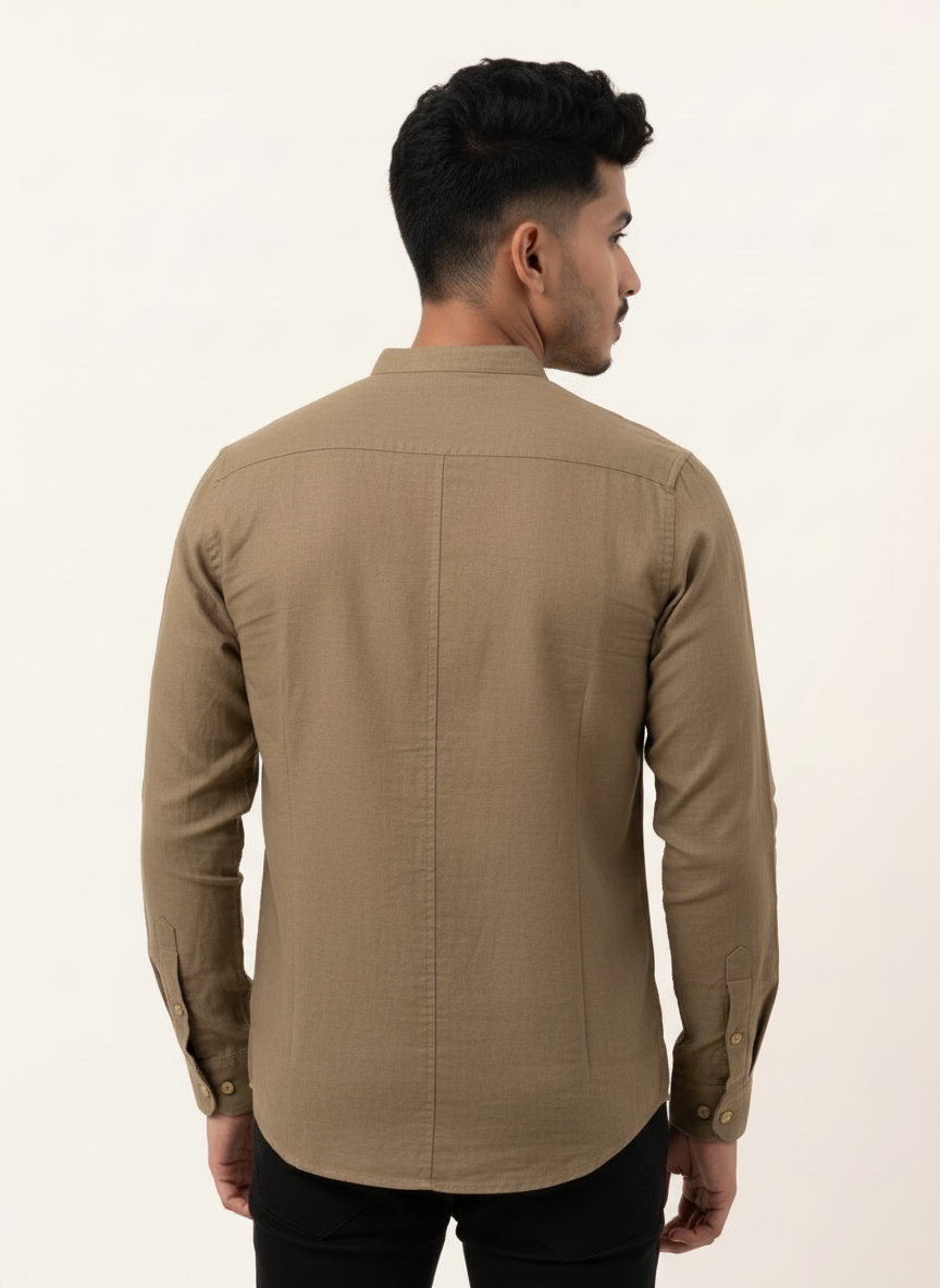 Slim Fit Cotton Linen L/S Shirt - Brown