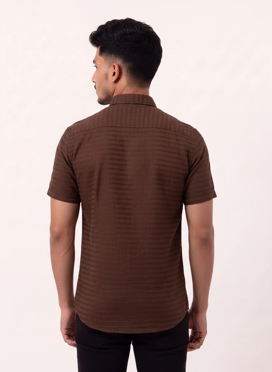Slim Fit Cotton Stripes S/S Shirt - Brown