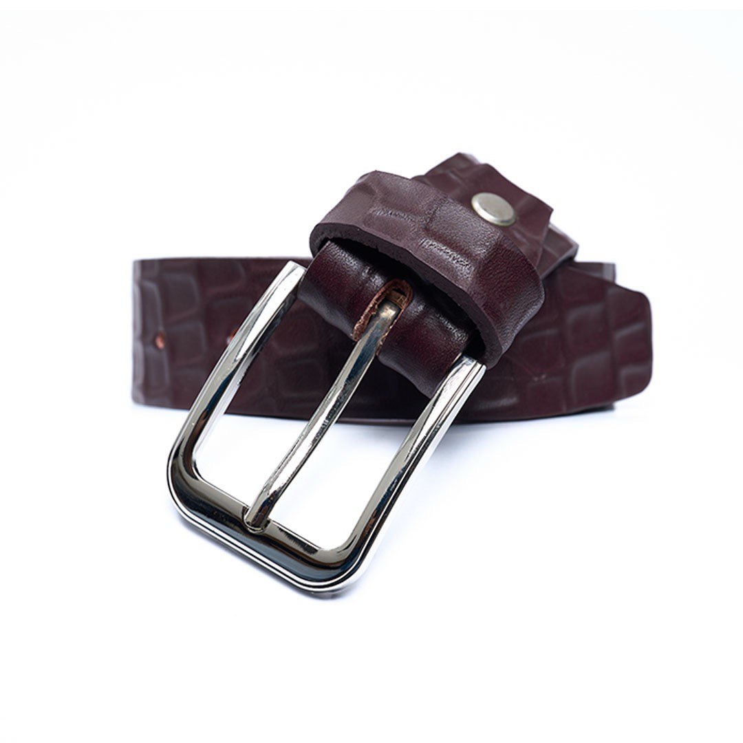 Ladies Croc Textured Leather Casual Belt - Burgundy