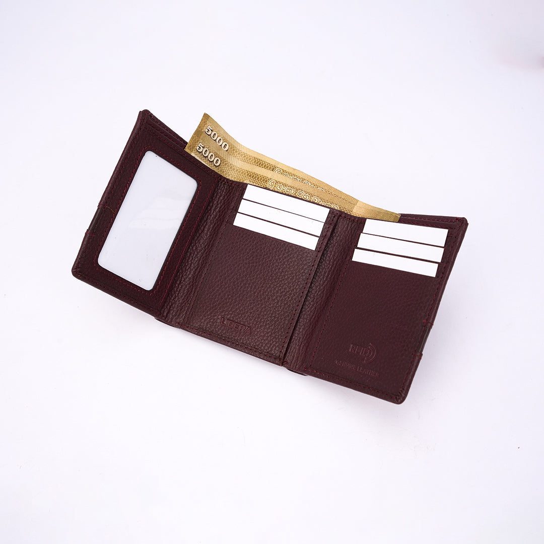 Genuine Leather RFID Tri Fold Wallet - Burgundy