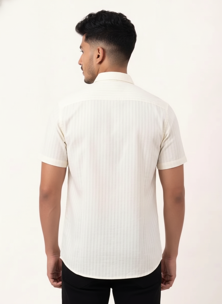 Regular Fit Cotton Linen Stripe S/S Shirt - Cream