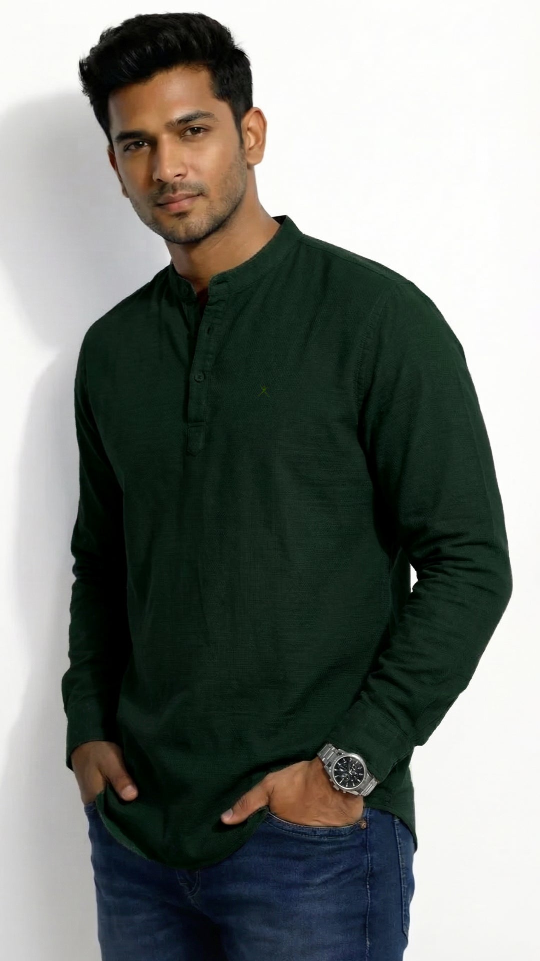 Slim Fit Cotton Plain L/S Half Kurta