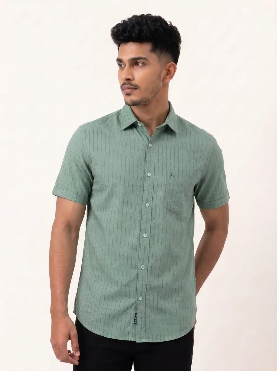 Slim Fit Cotton Stripe S/S Shirt - Celadon Green