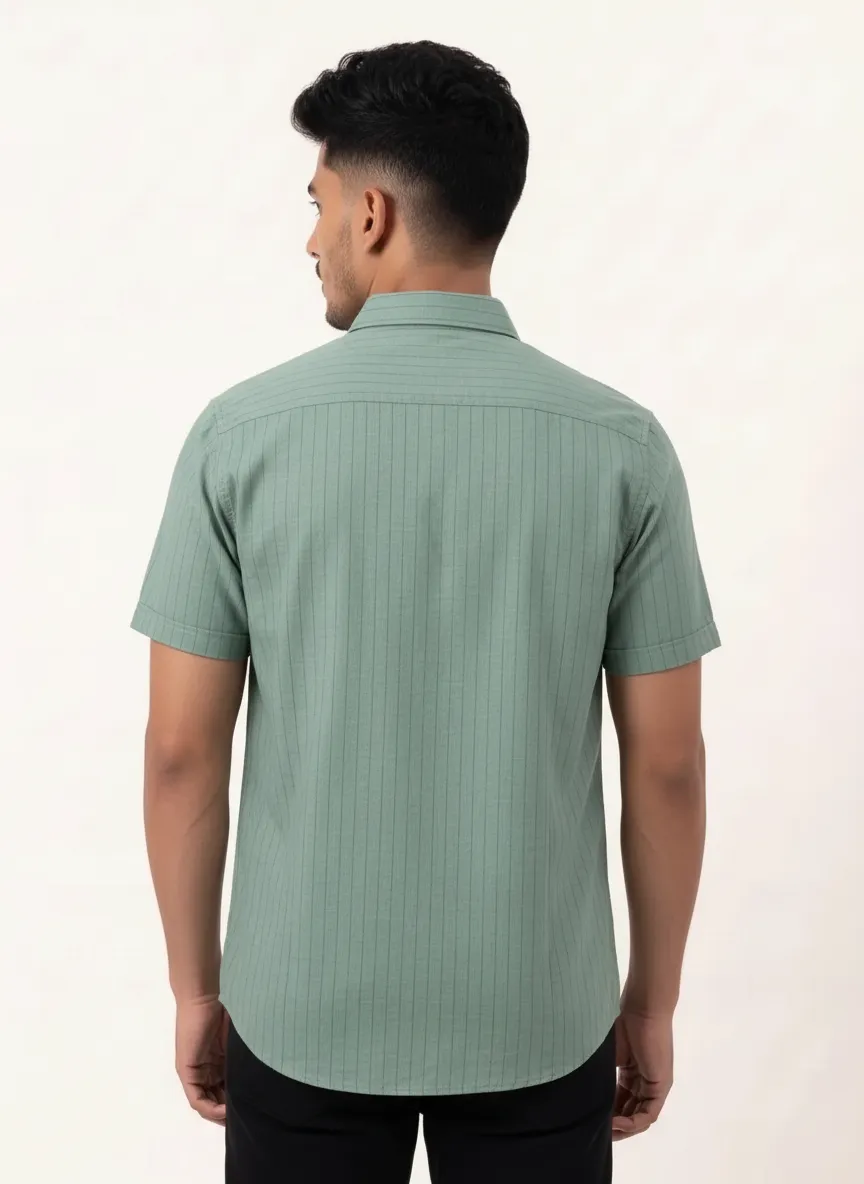 Slim Fit Cotton Stripe S/S Shirt - Celadon Green