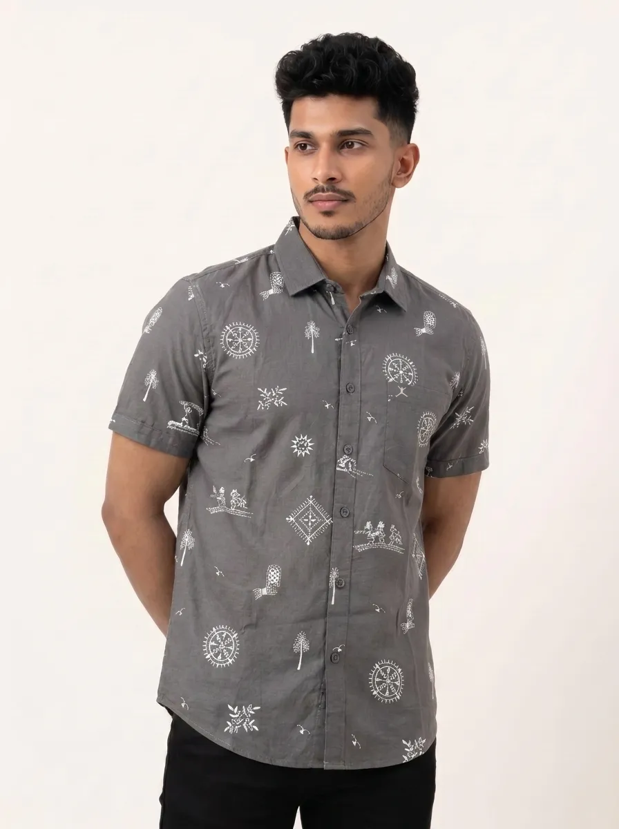 Slim Fit Cotton Leaf Printed S/S Shirt - Gray