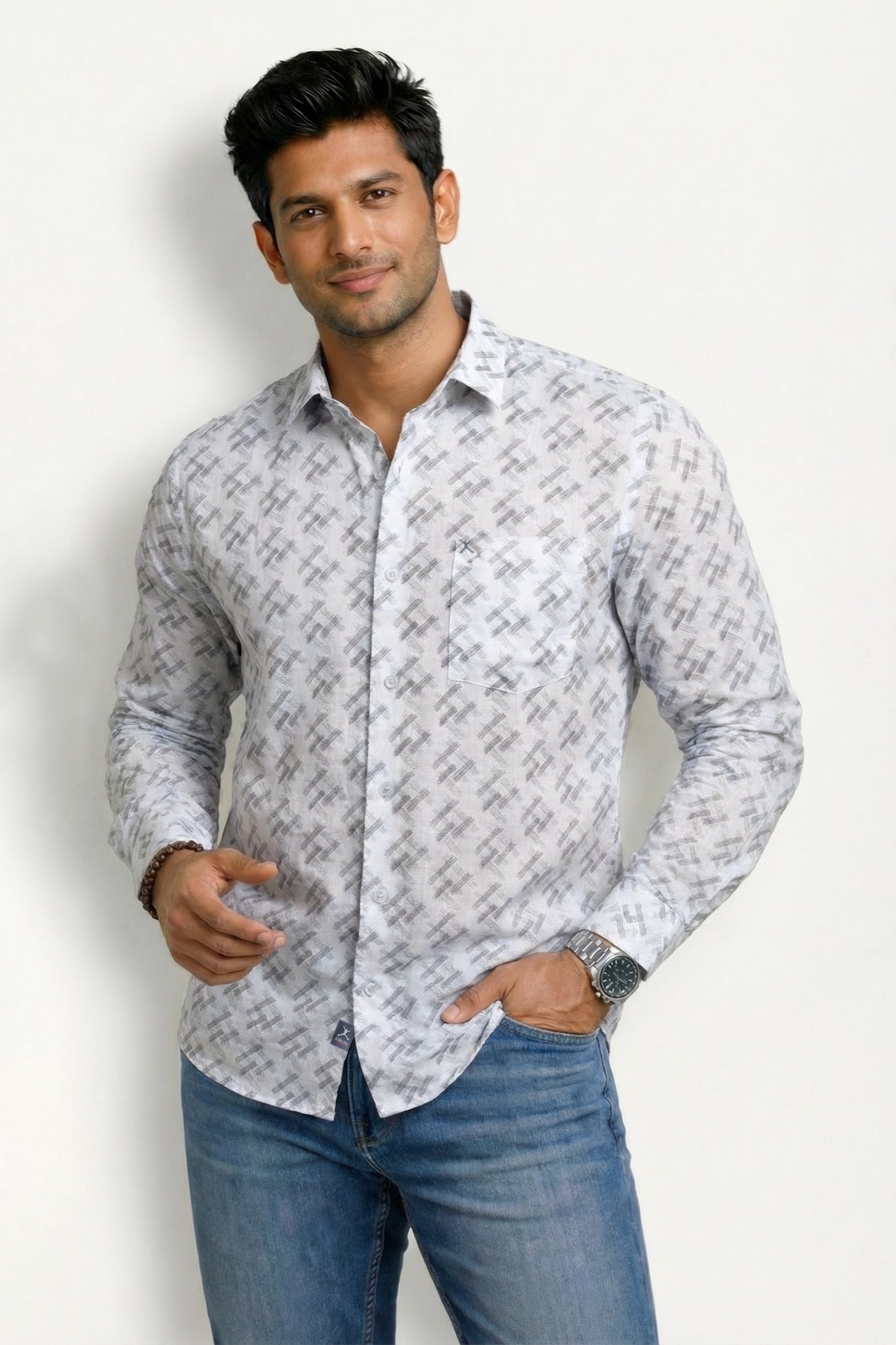 Slim Fit Cotton Linen Printed L/S Shirt