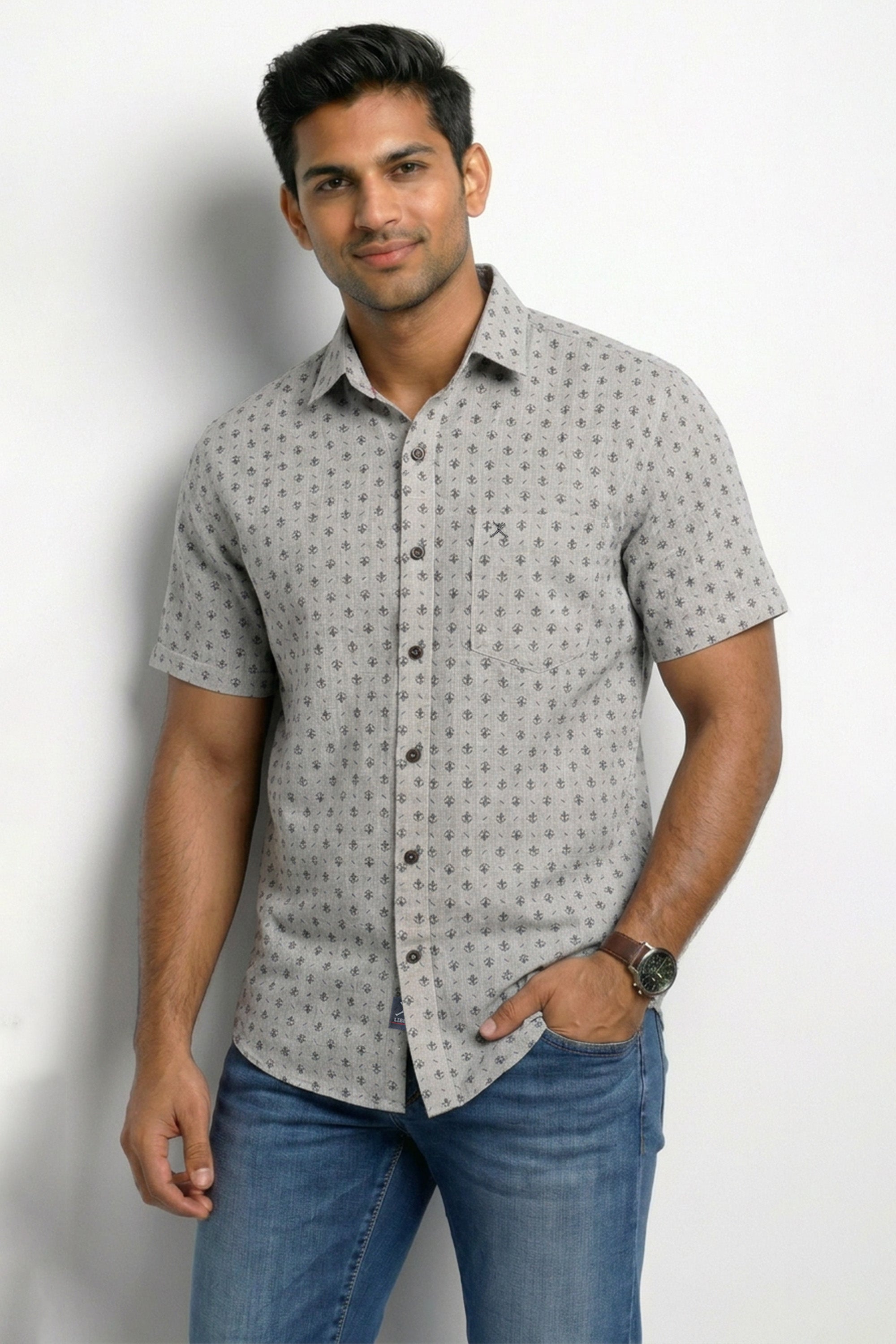 Slim Fit Cotton Linen Printed S/S Shirt