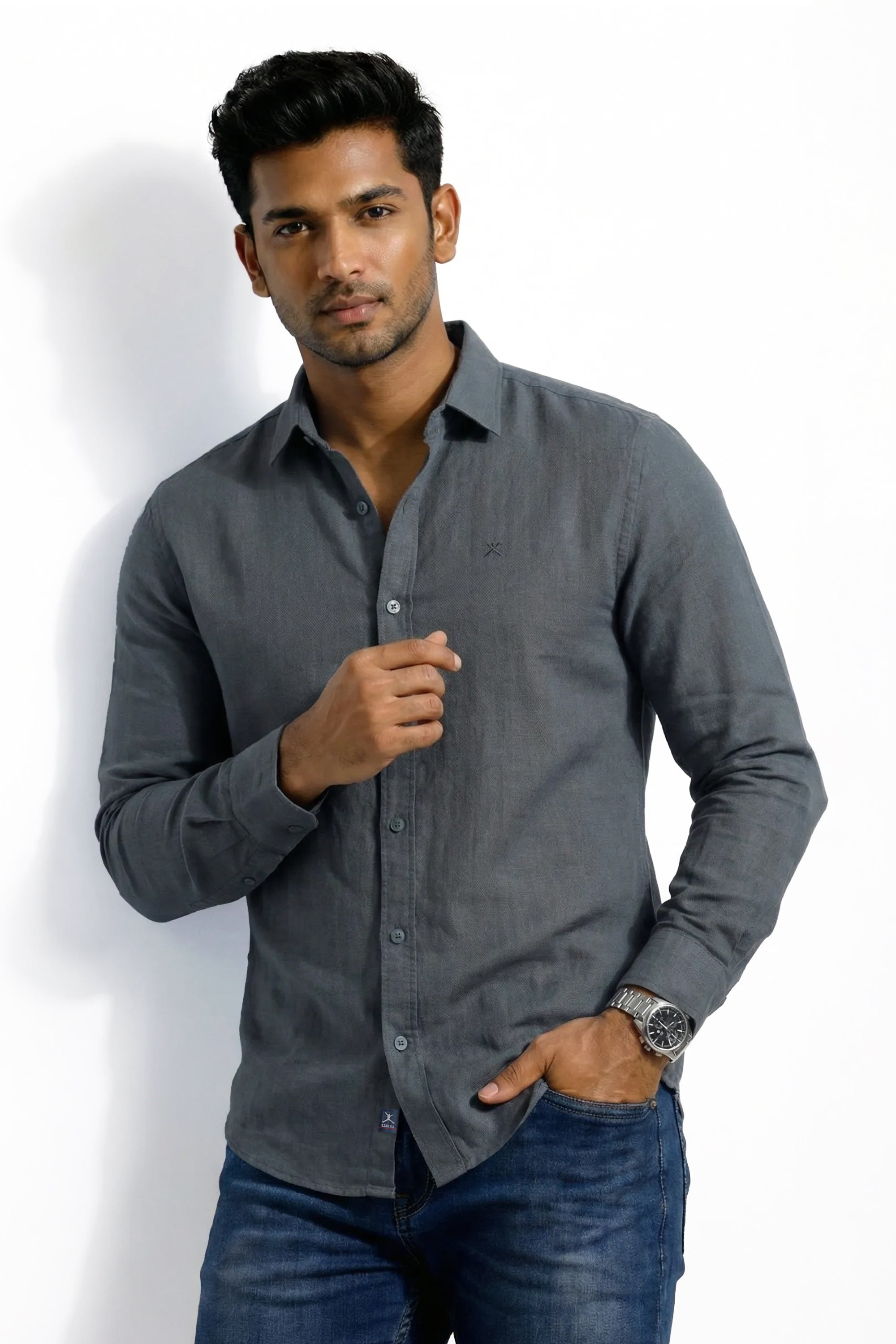 Slim Fit Cotton Linen Plain L/S Shirt