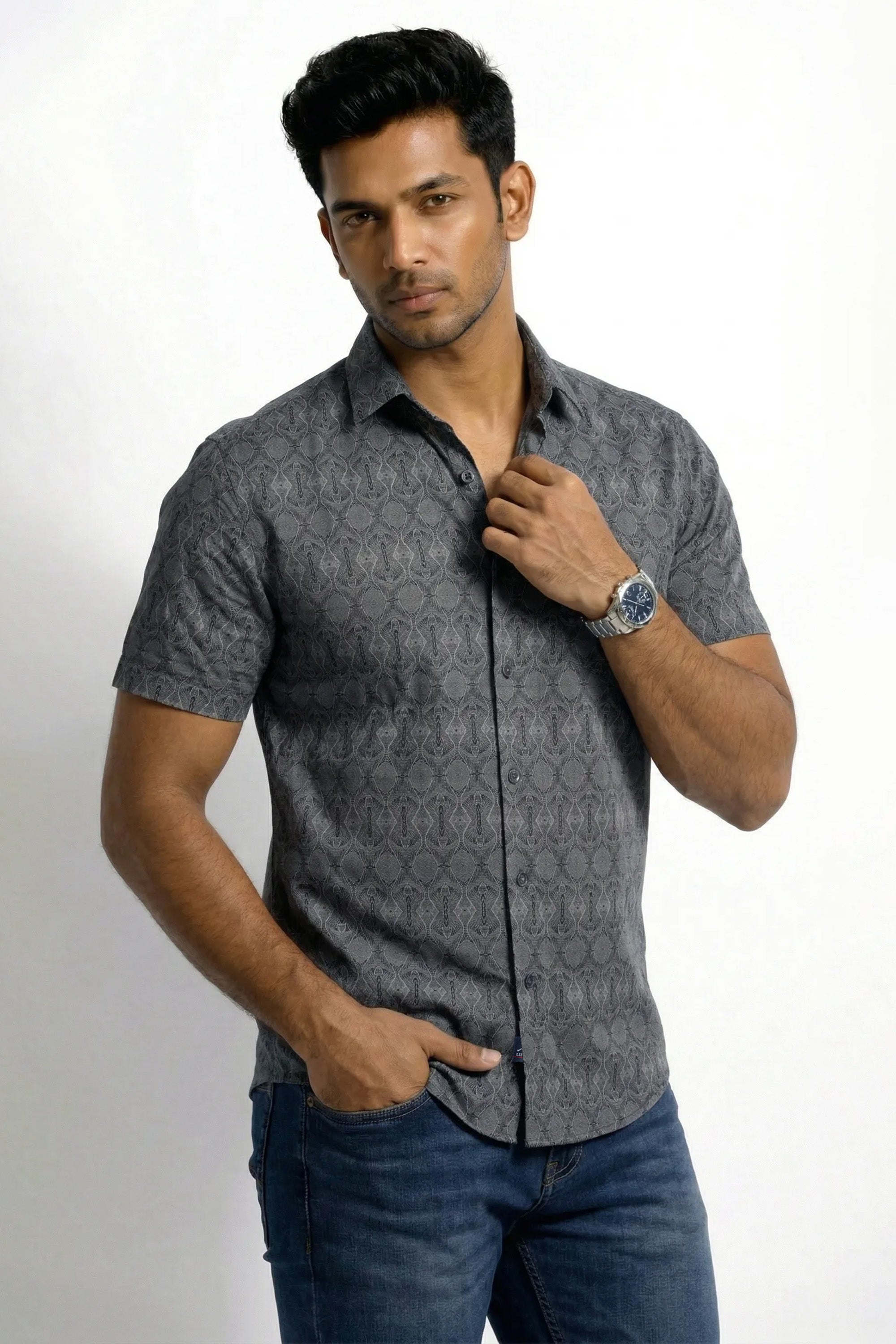 Slim Fit Cotton Linen Printed S/S Shirt