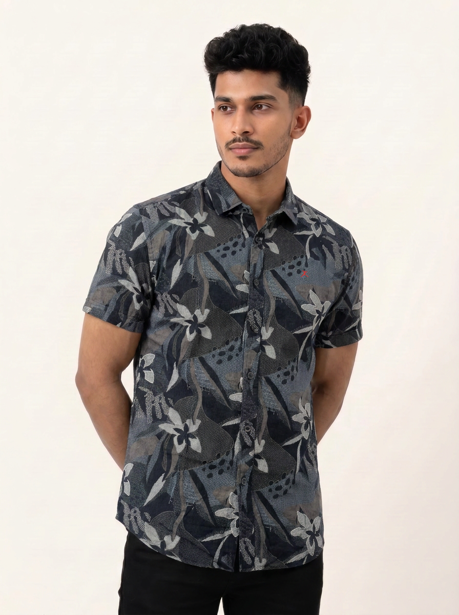 Slim Fit Cotton Printed S/S Shirt - Gray