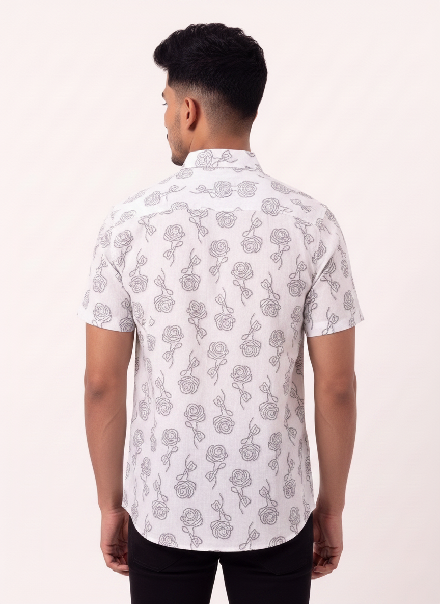 Slim Fit Cotton Floral Printed S/S Shirt - Gray