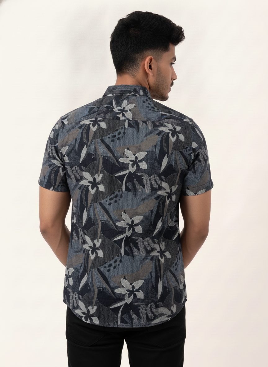 Slim Fit Cotton Printed S/S Shirt - Gray