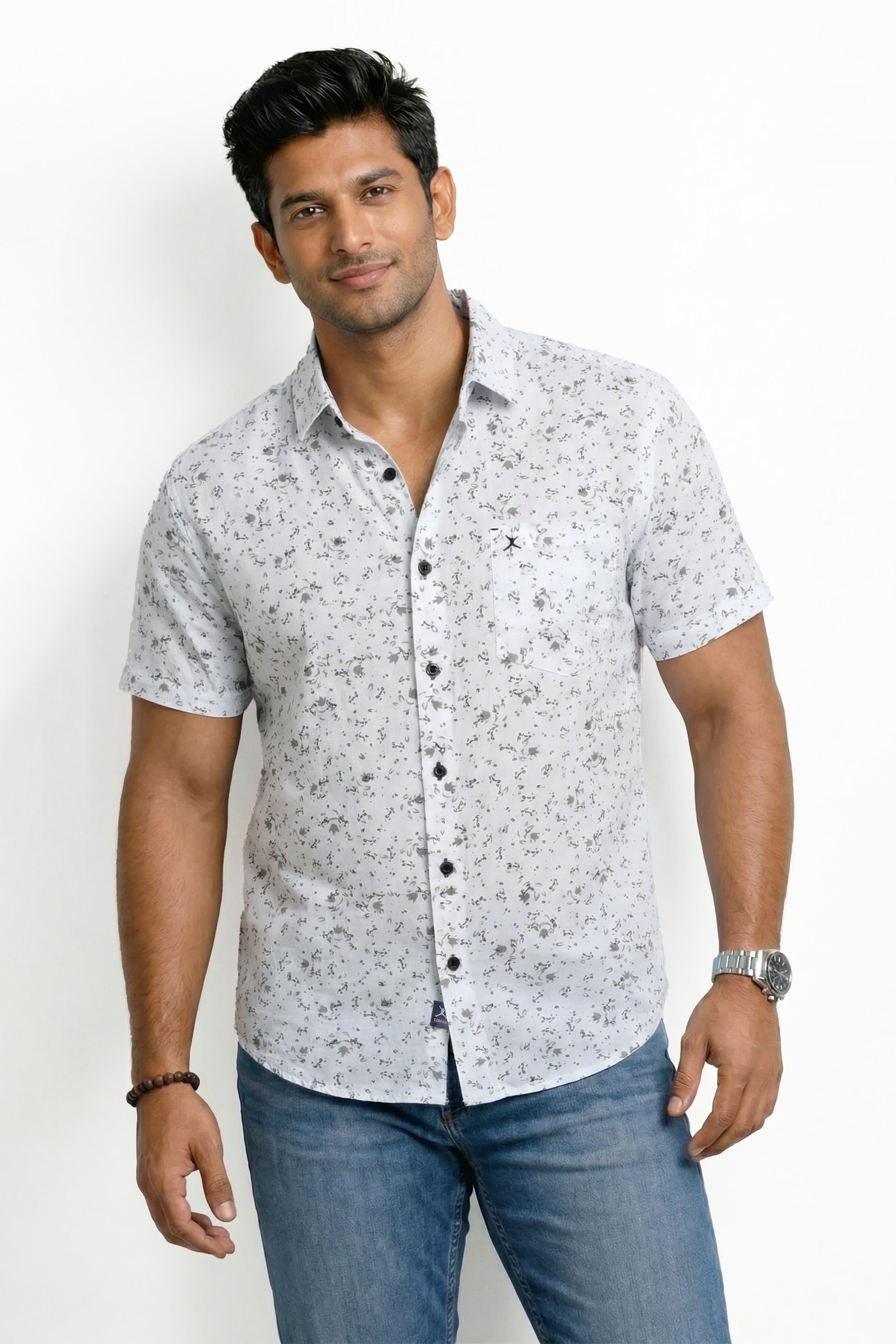 Slim Fit Cotton Linen Printed S/S Shirt