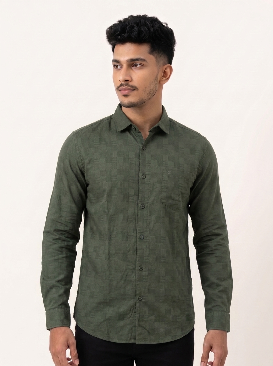 Slim Fit Cotton Plain L/S Shirt - Green