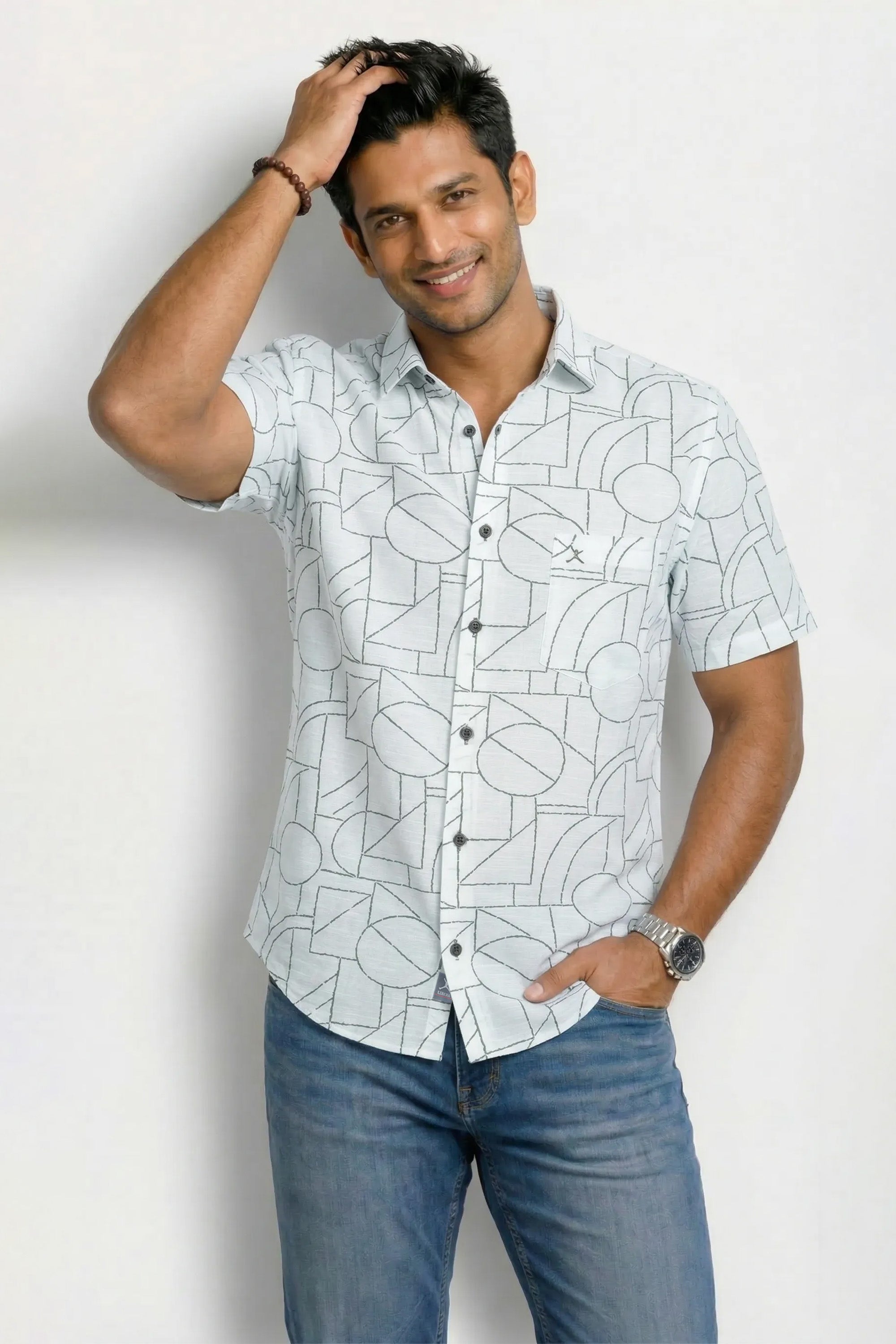 Slim Fit Cotton Linen Printed S/S Shirt