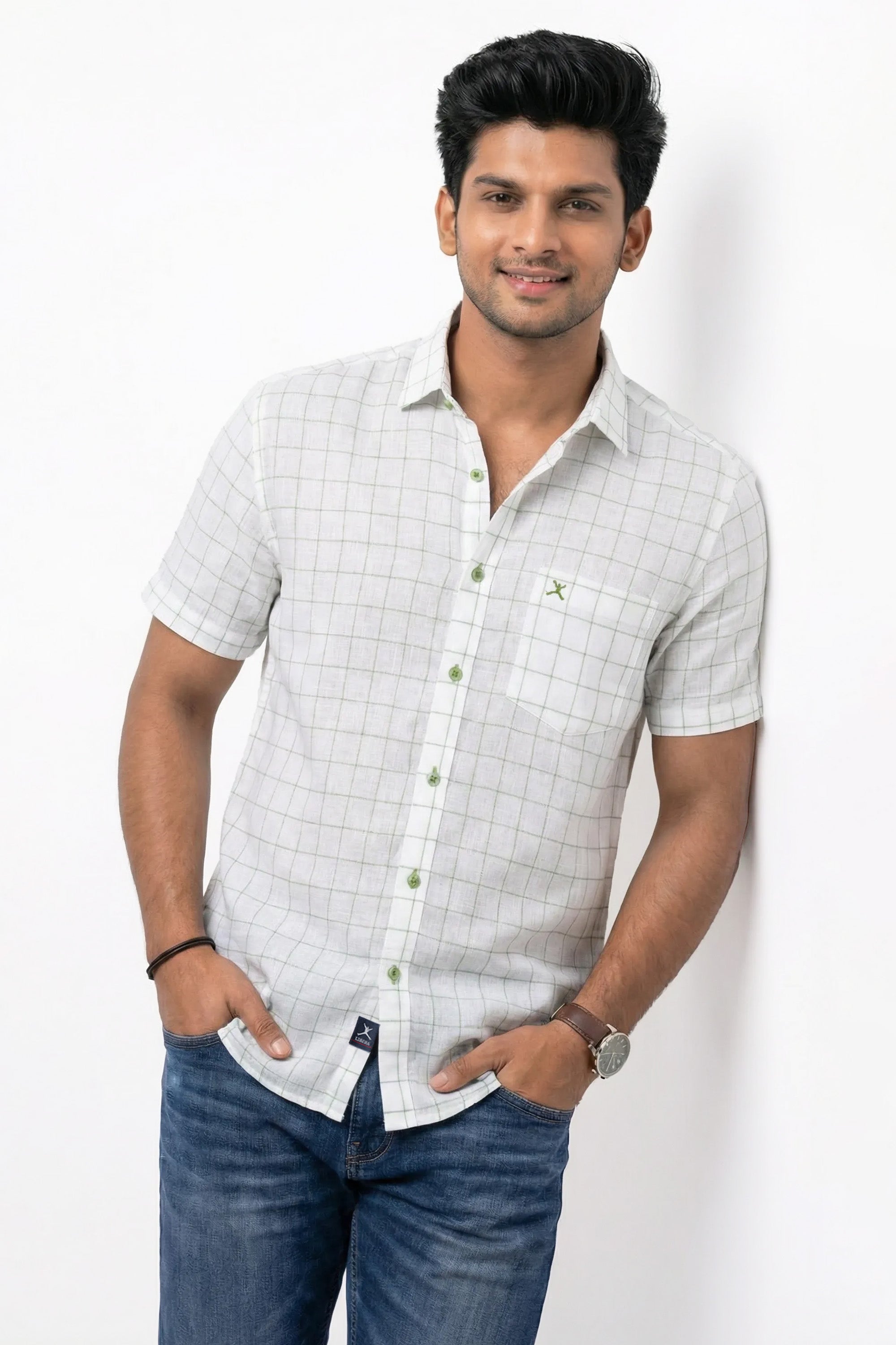 Slim Fit Cotton Linen Checks S/S Shirt
