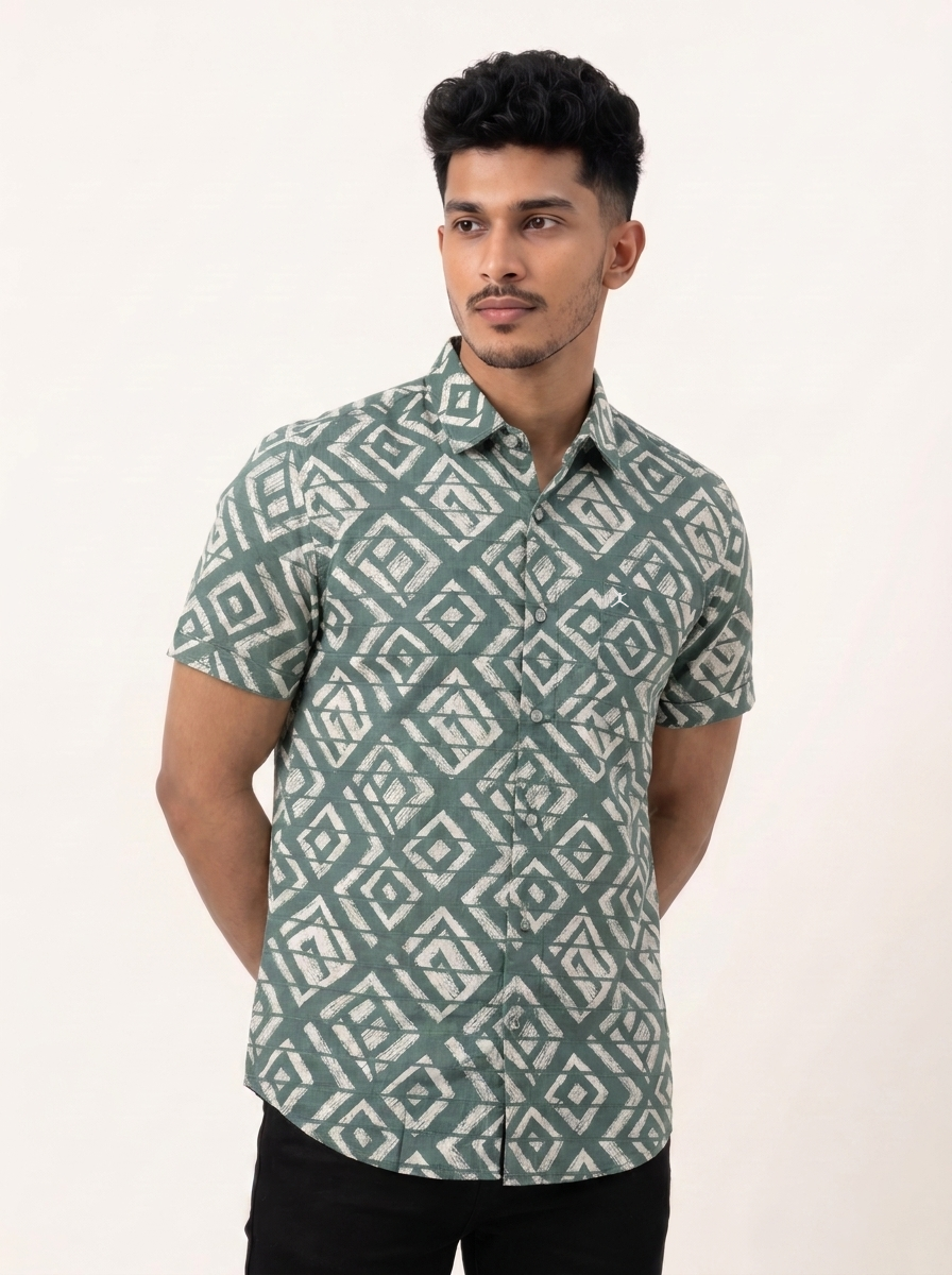 Slim Fit Cotton Printed Shirt S/S - Celadon Green