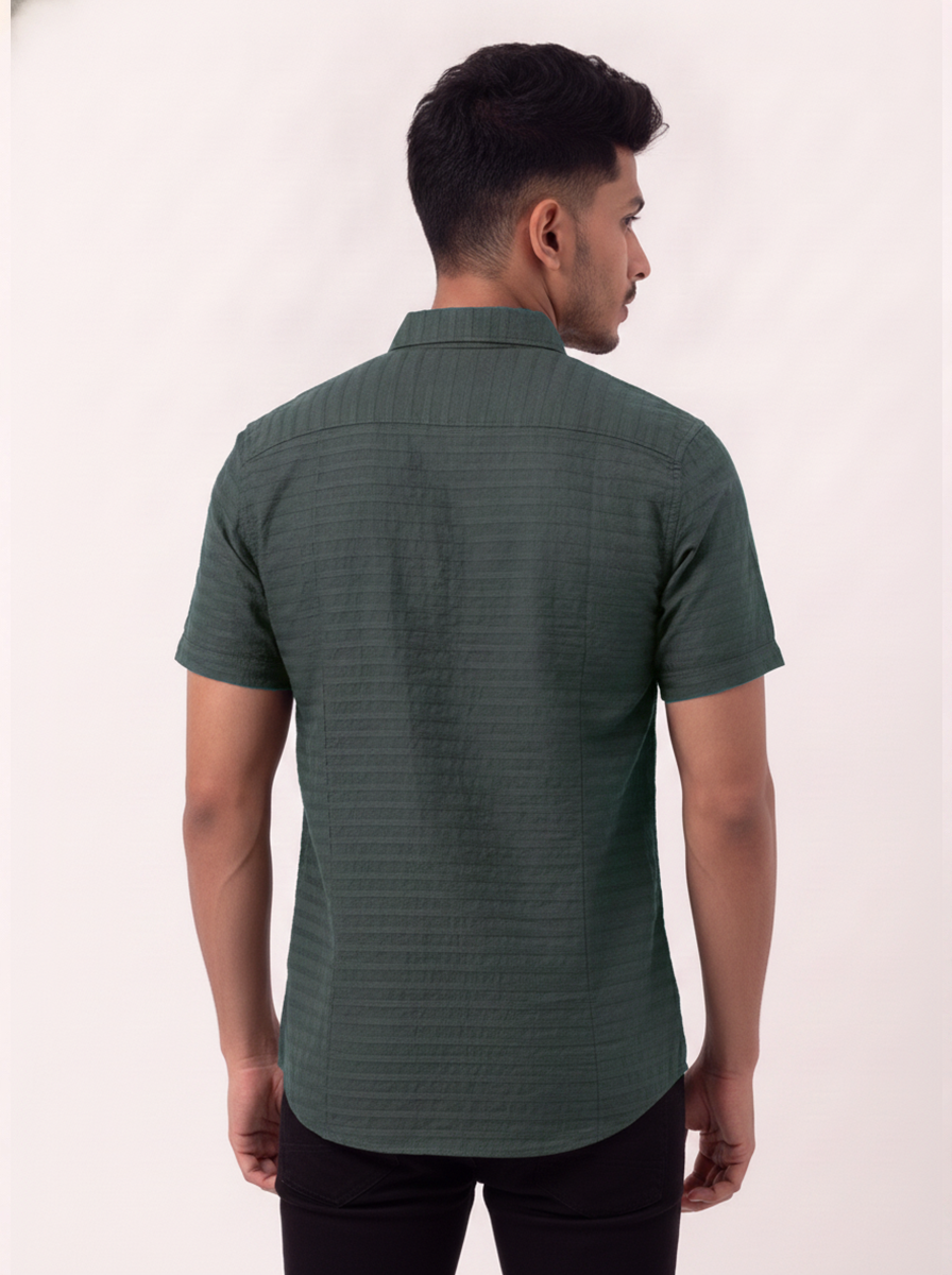 Slim Fit Cotton Stripes S/S Shirt - Green