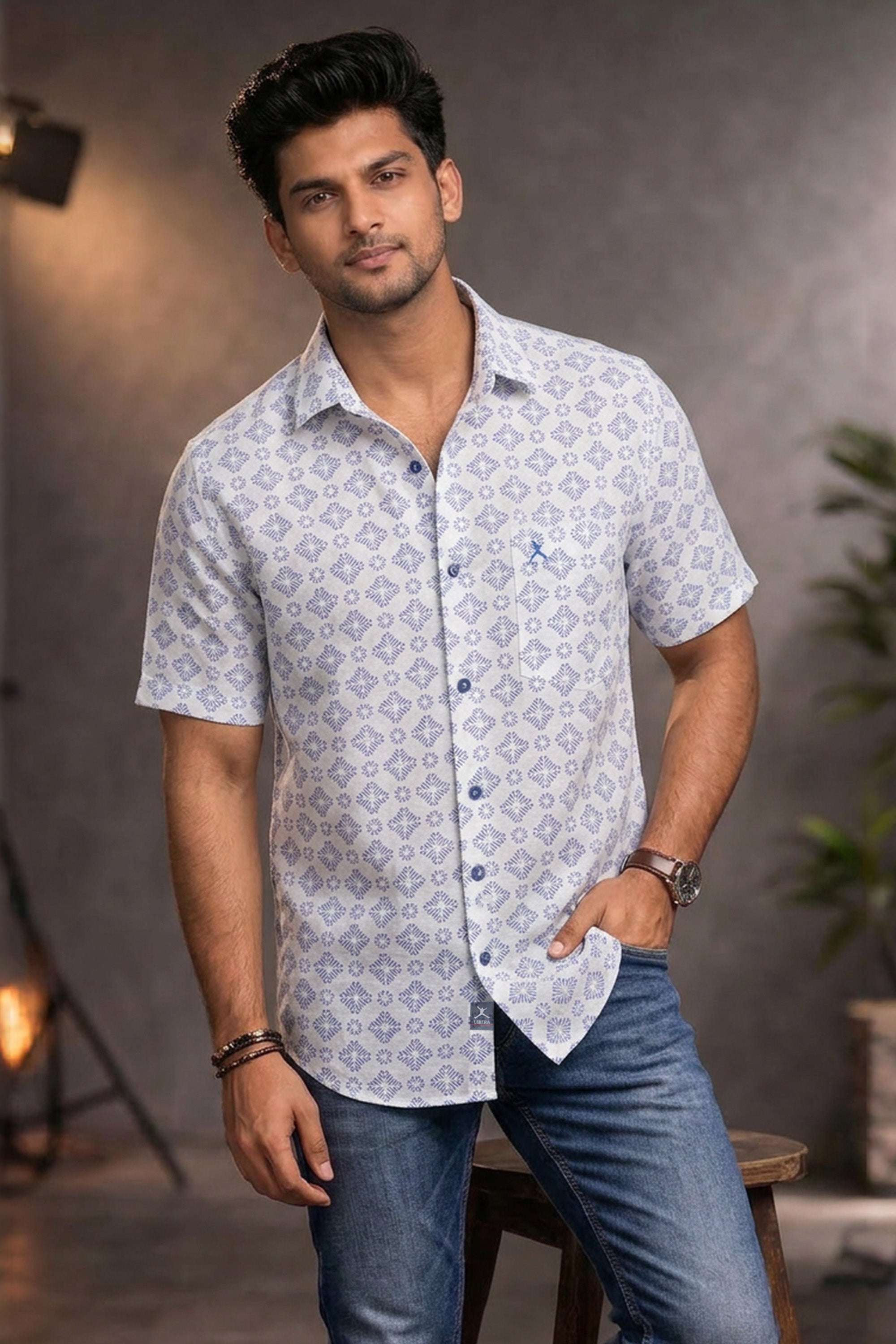 Slim Fit Cotton Linen Printed S/S Shirt