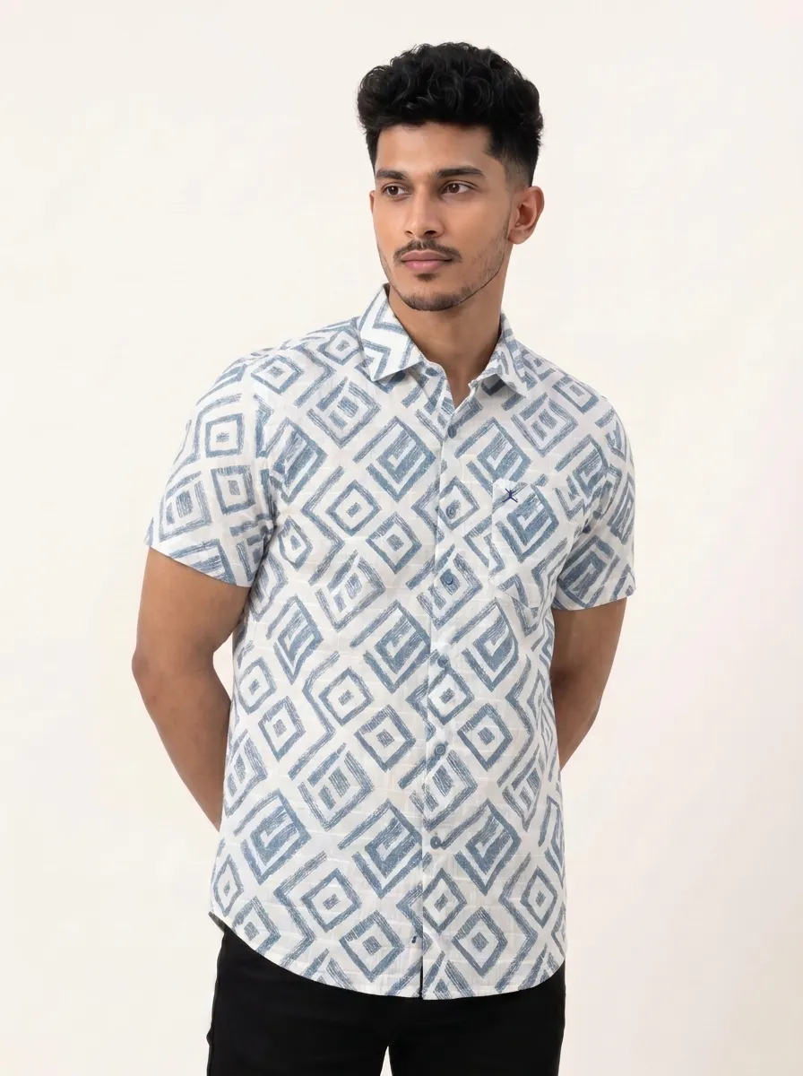 Slim Fit Cotton Printed Shirt S/S - Light Blue