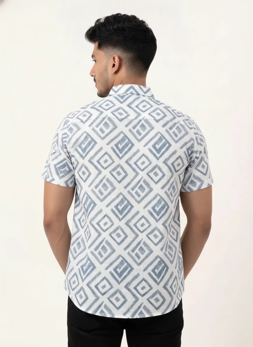 Slim Fit Cotton Printed Shirt S/S - Light Blue