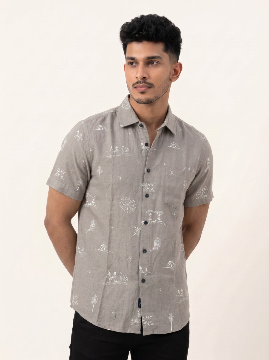 Slim Fit Cotton Leaf Printed S/S Shirt - Light Gray