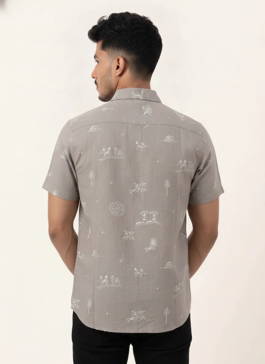 Slim Fit Cotton Leaf Printed S/S Shirt - Light Gray