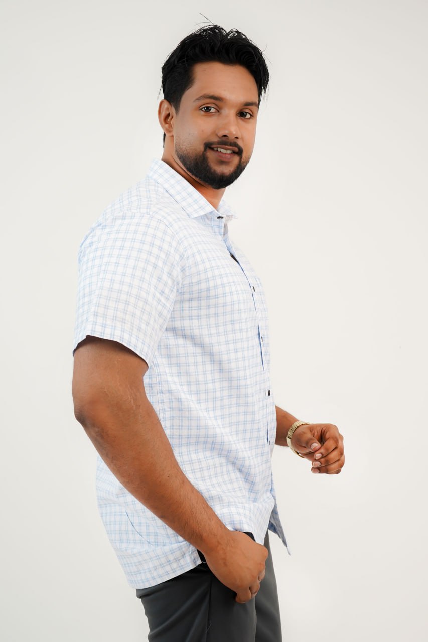 Regular Fit Linen Check Shirt - Light Blue