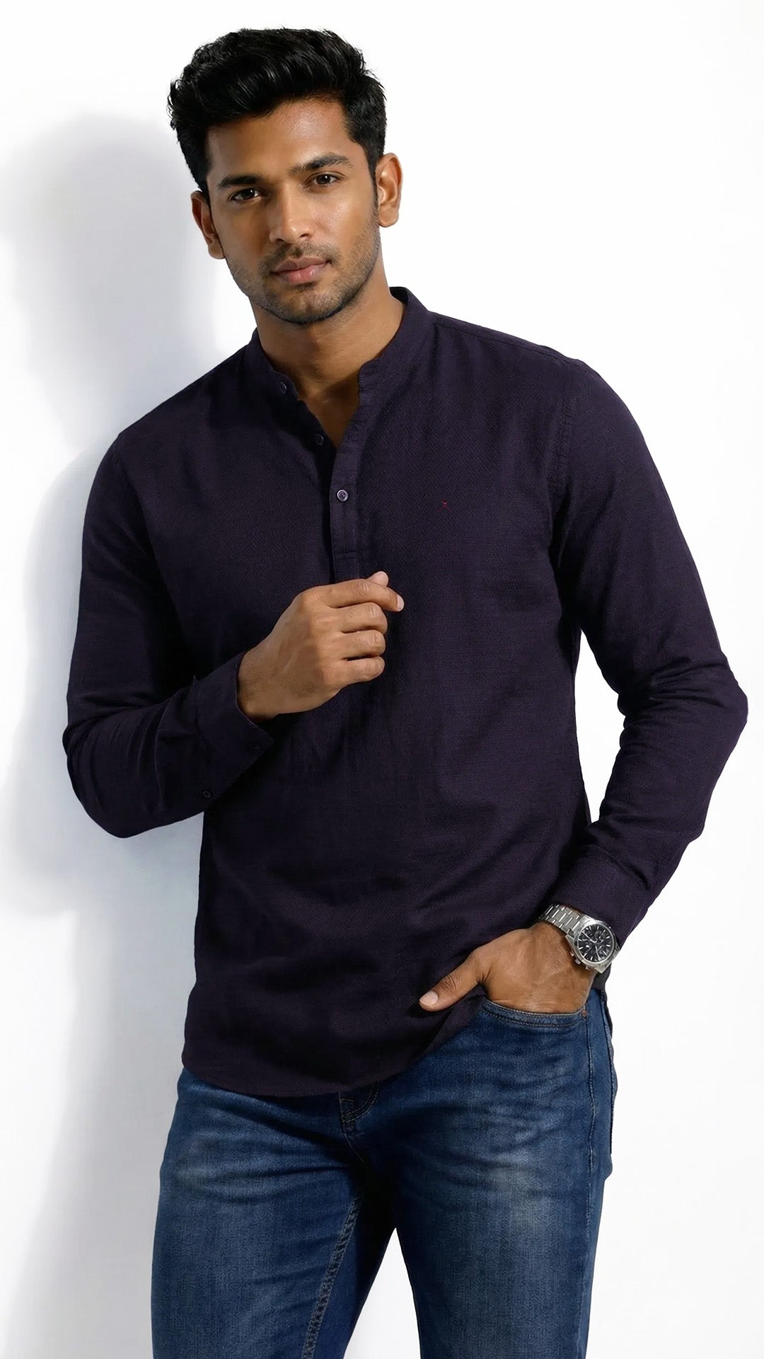 Slim Fit Cotton Plain L/S Half Kurta