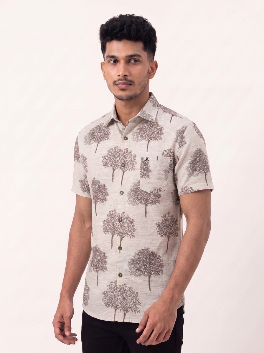 Slim Fit Cotton Printed S/S Shirt - Maroon