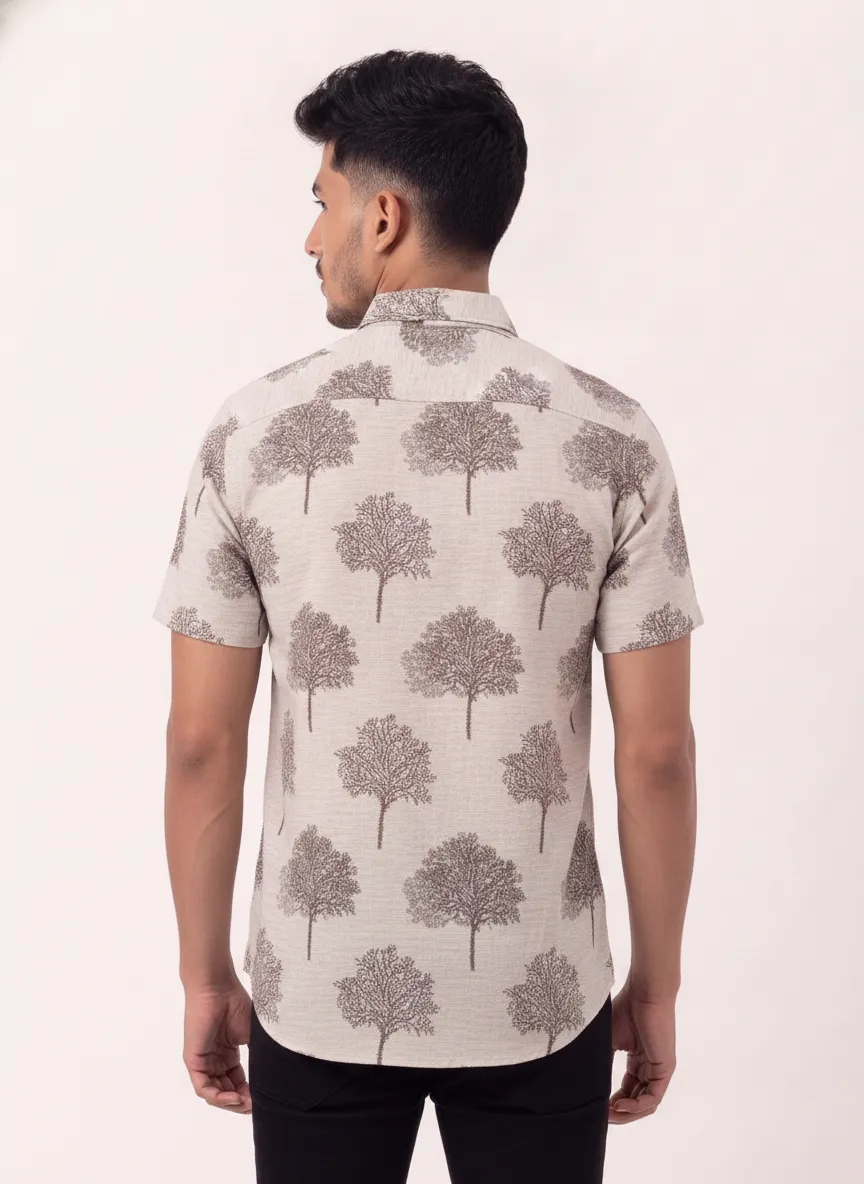 Slim Fit Cotton Printed S/S Shirt - Maroon