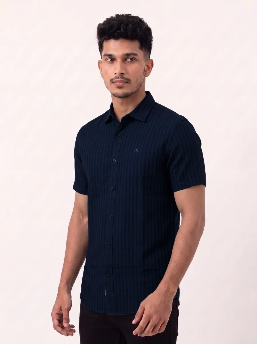 Slim Fit Cotton Linen Stripes S/S Shirt - Navy Blue