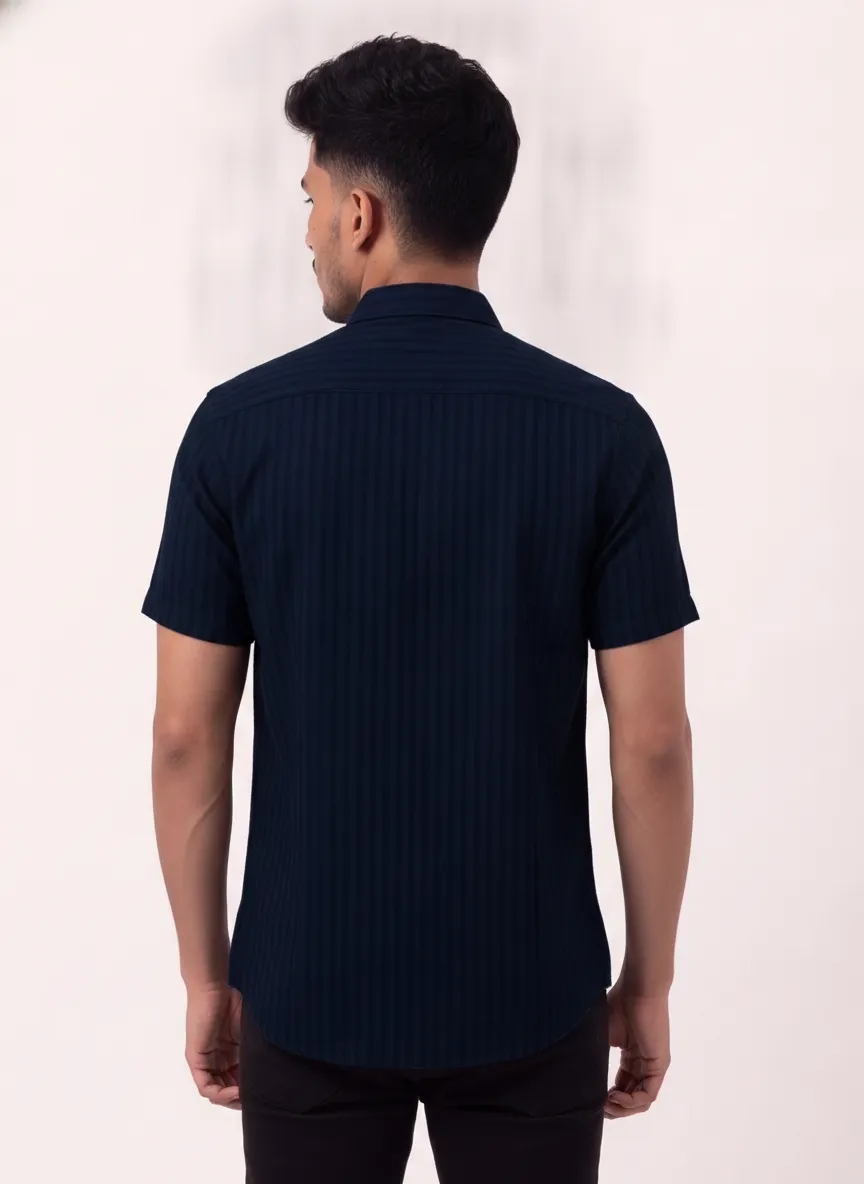 Slim Fit Cotton Linen Stripes S/S Shirt - Navy Blue