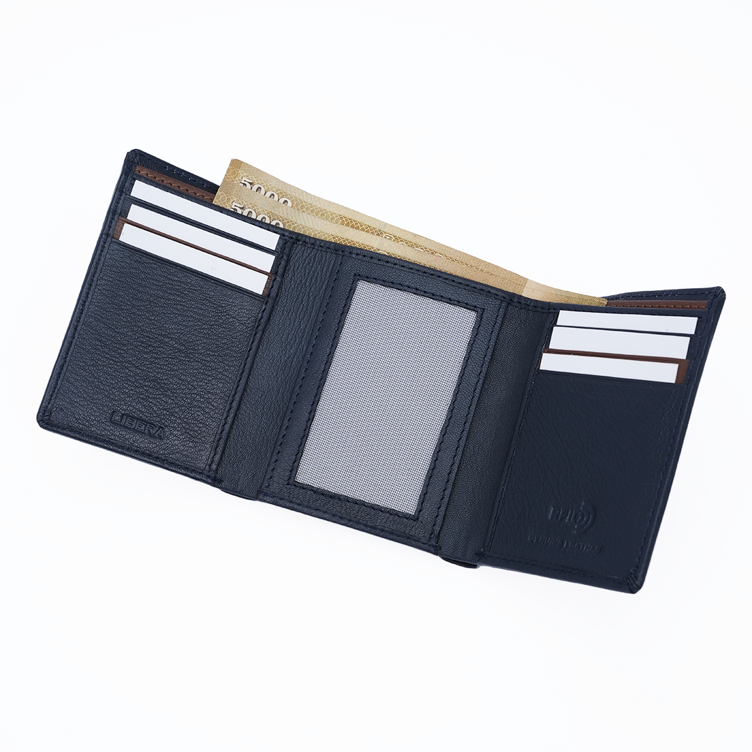 Genuine Leather RFID Tri Fold Wallet - Navy Blue
