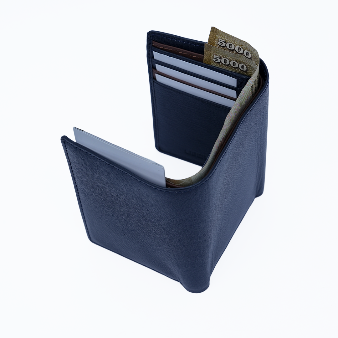 Genuine Leather RFID Tri Fold Wallet - Navy Blue