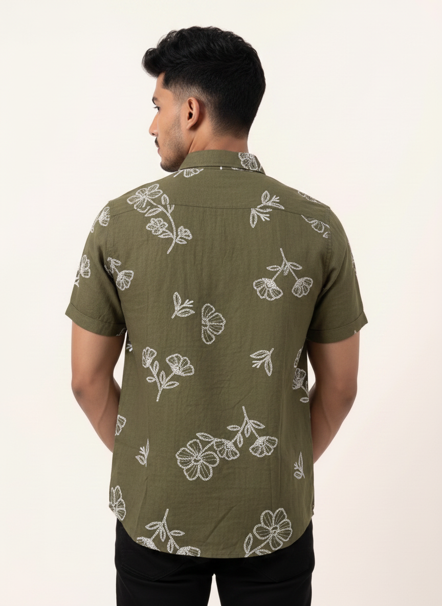 Slim Fit Cotton Floral Printed S/S Shirt - Olive Green
