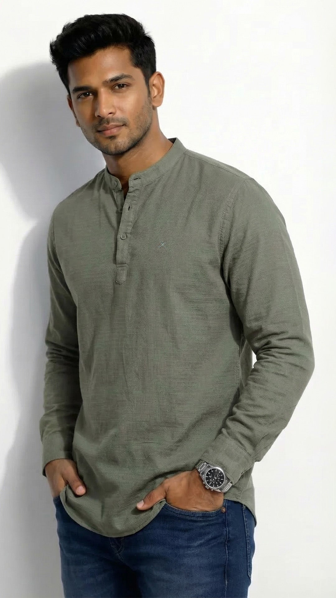 Slim Fit Cotton Plain L/S Half Kurta