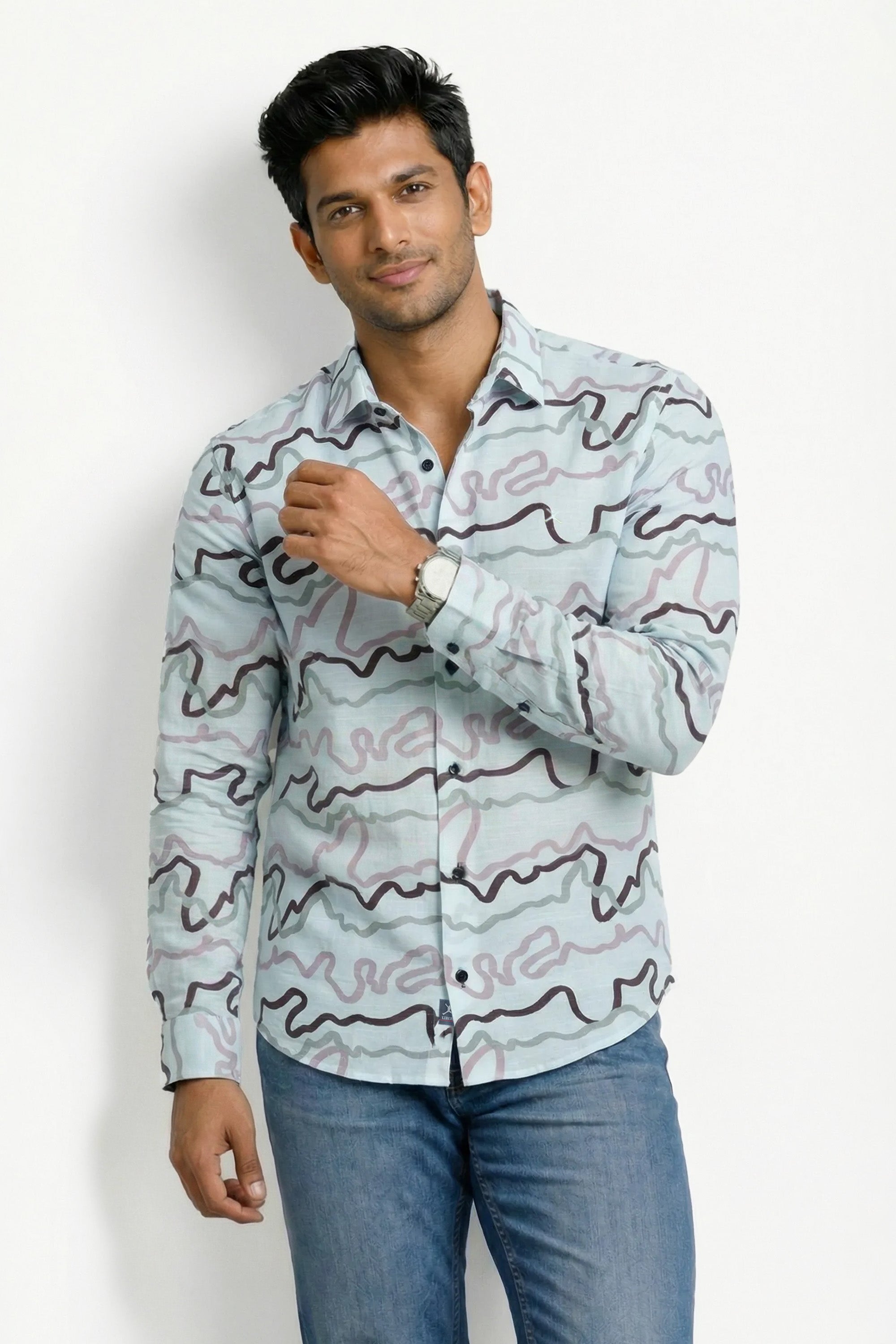 Slim Fit Cotton Linen Printed L/S Shirt