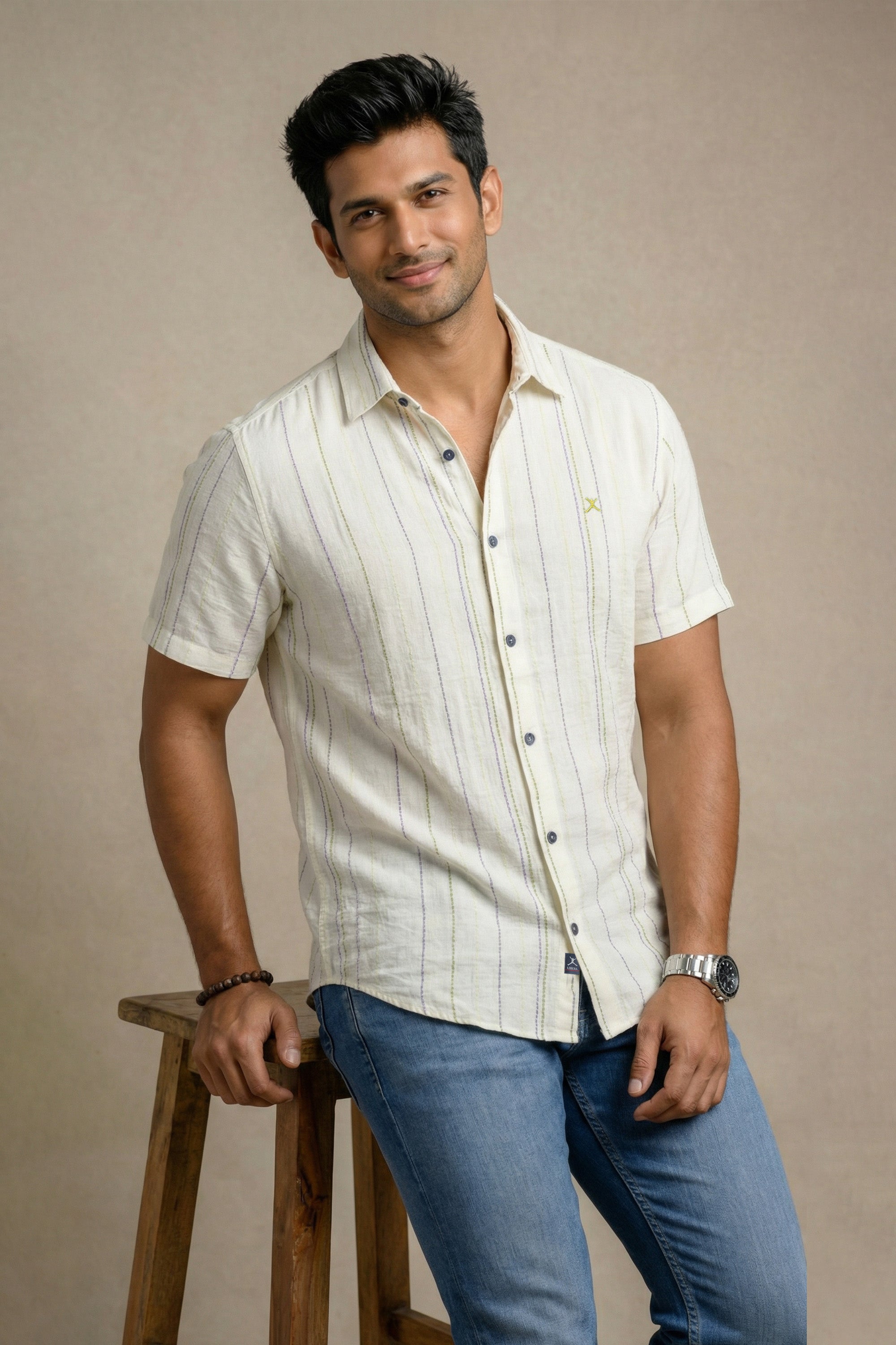 Slim Fit Cotton Linen Printed S/S Shirt