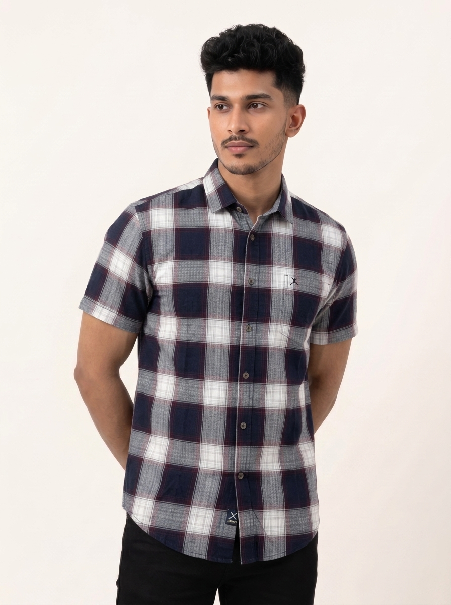 Slim Fit Cotton Checks Shirt S/S - Dark Maroon