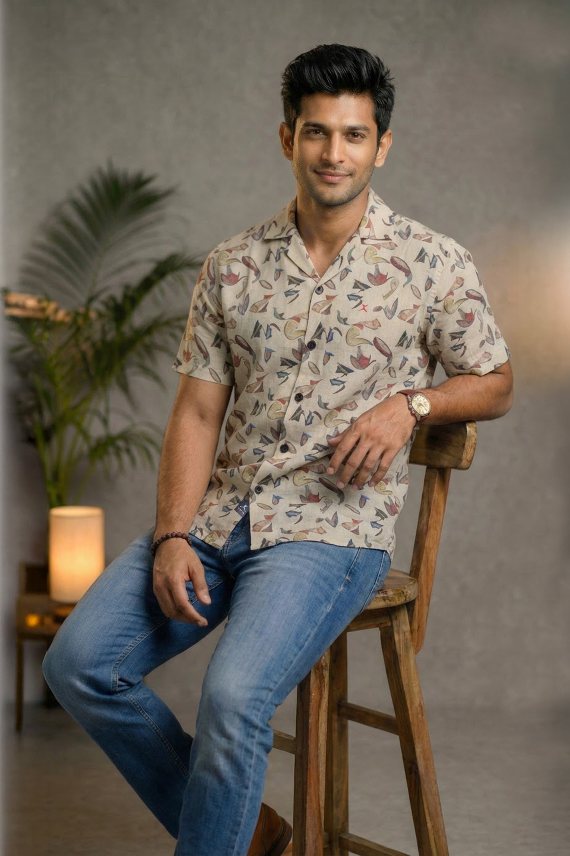 Slim Fit Cotton Linen Printed S/S Shirt